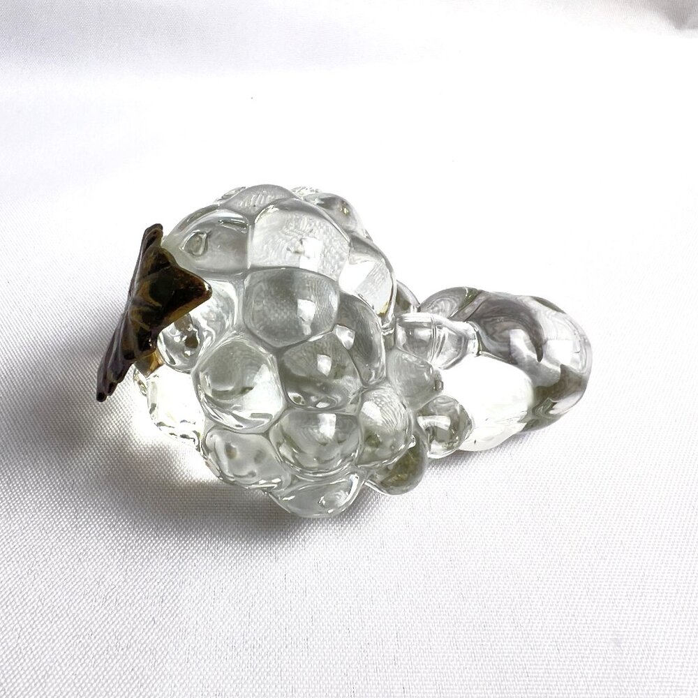 Clear Glass Grapes Vintage Paperweight Brass Leaf Mid-Century Modern